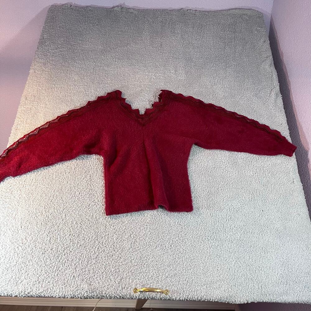 Sweet lovely by Jen sweater cranberry w/ lace collar/sleeves nylon acrylic blend